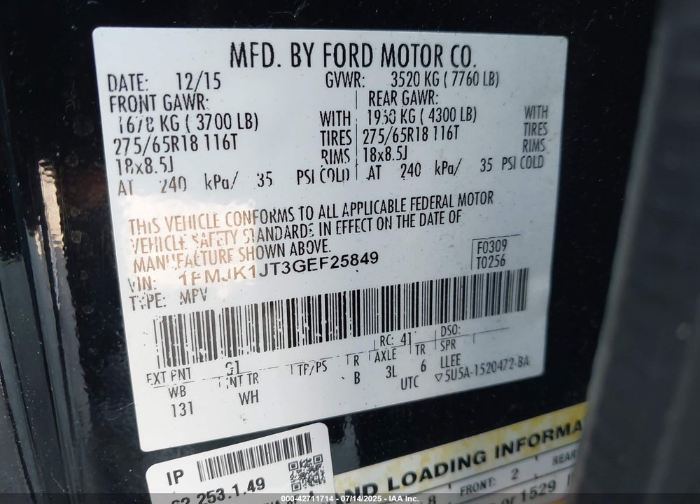 2016 FORD EXPEDITION EL XLT VIN: 1FMJK1JT3GEF25849