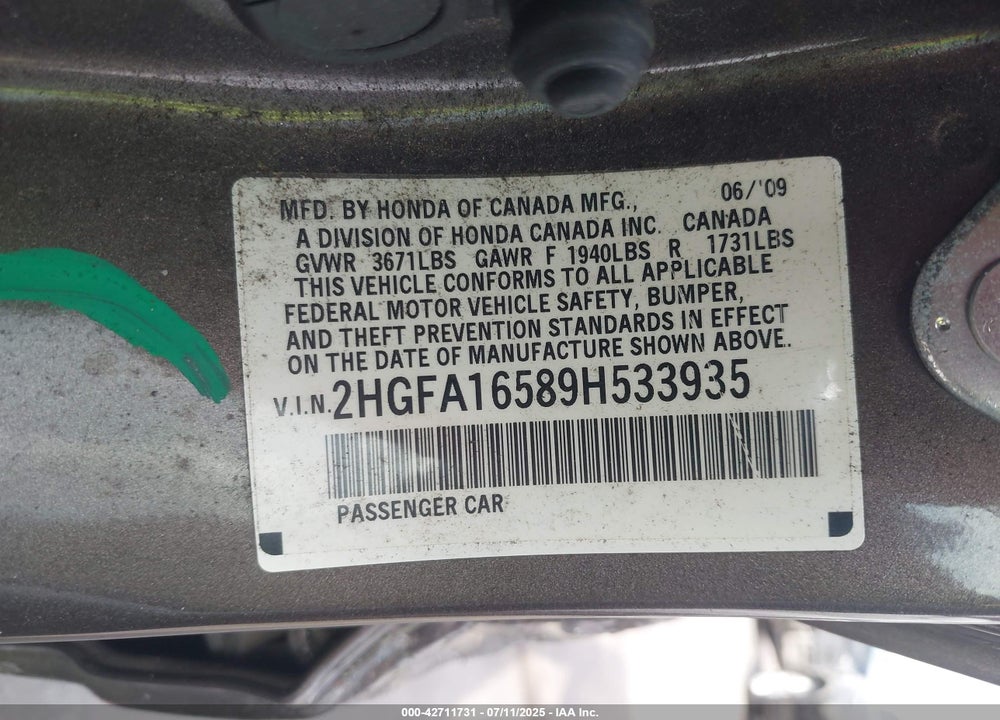 2009 HONDA CIVIC VIN: 2HGFA16589H533935