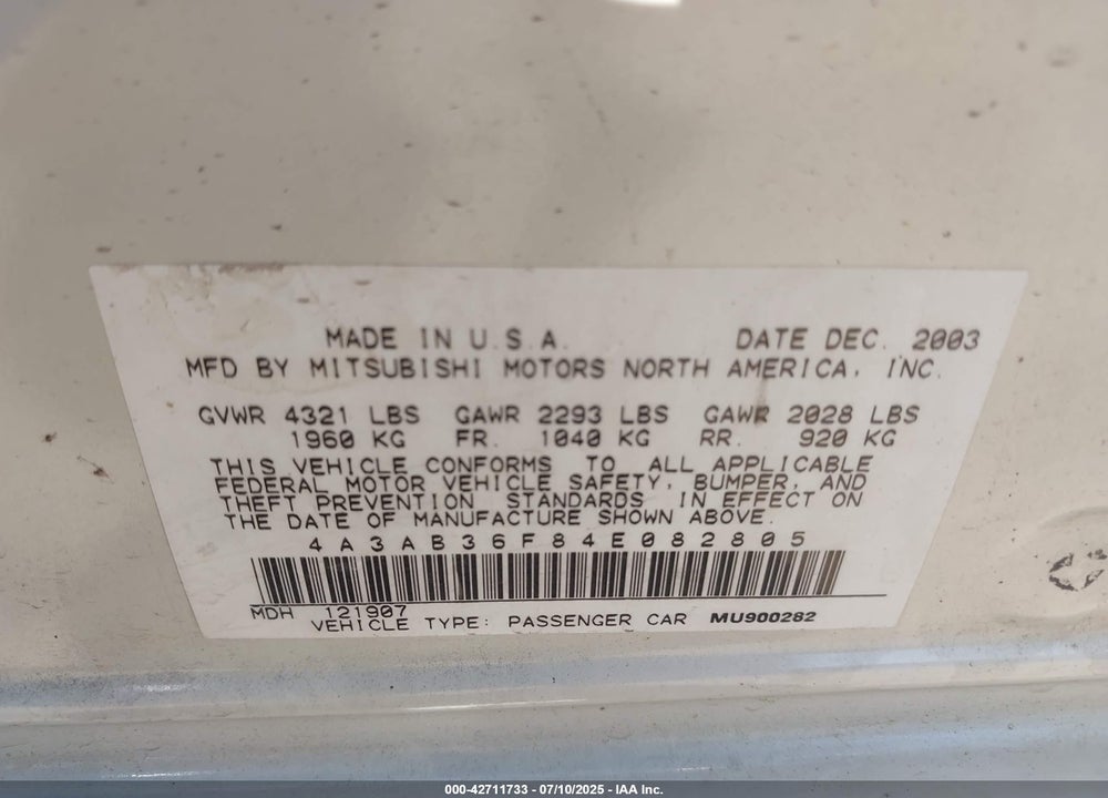 2004 MITSUBISHI GALANT VIN: 4A3AB36F84E082805