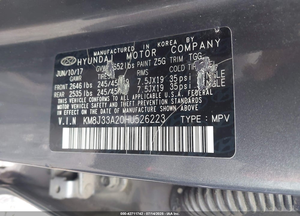 2017 HYUNDAI TUCSON VIN: KM8J33A20HU526223