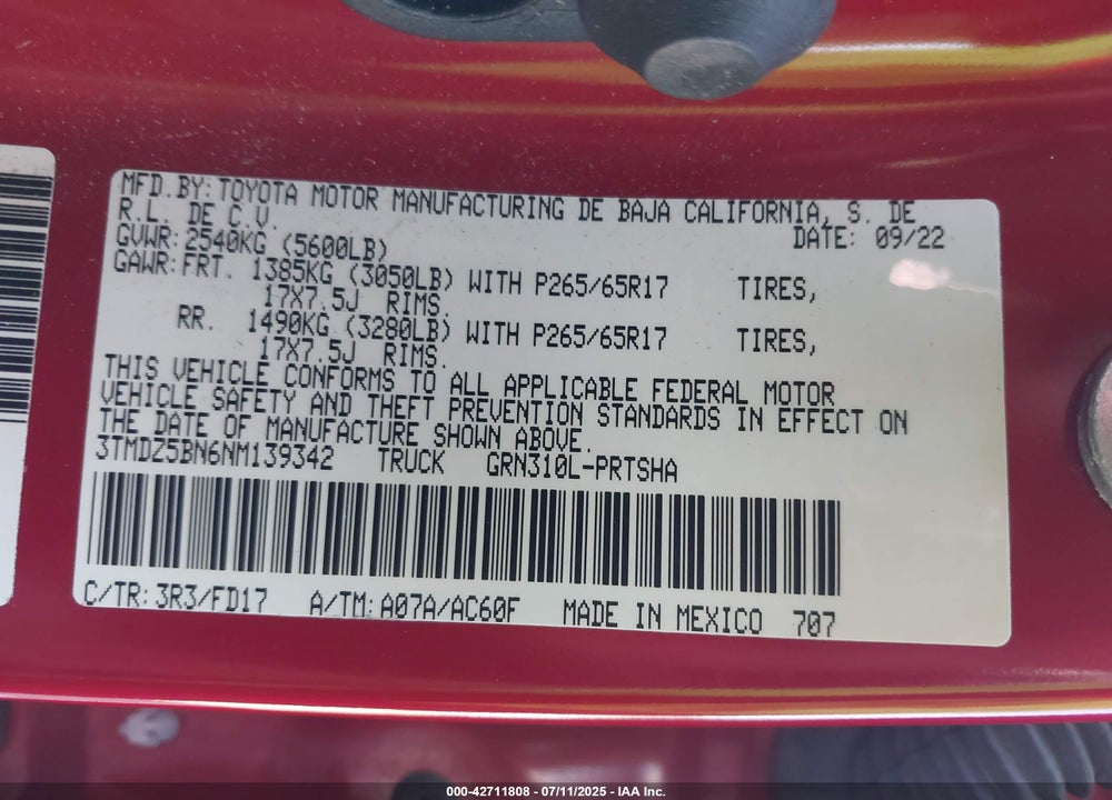 2022 TOYOTA TACOMA VIN: 3TMDZ5BN6NM139342