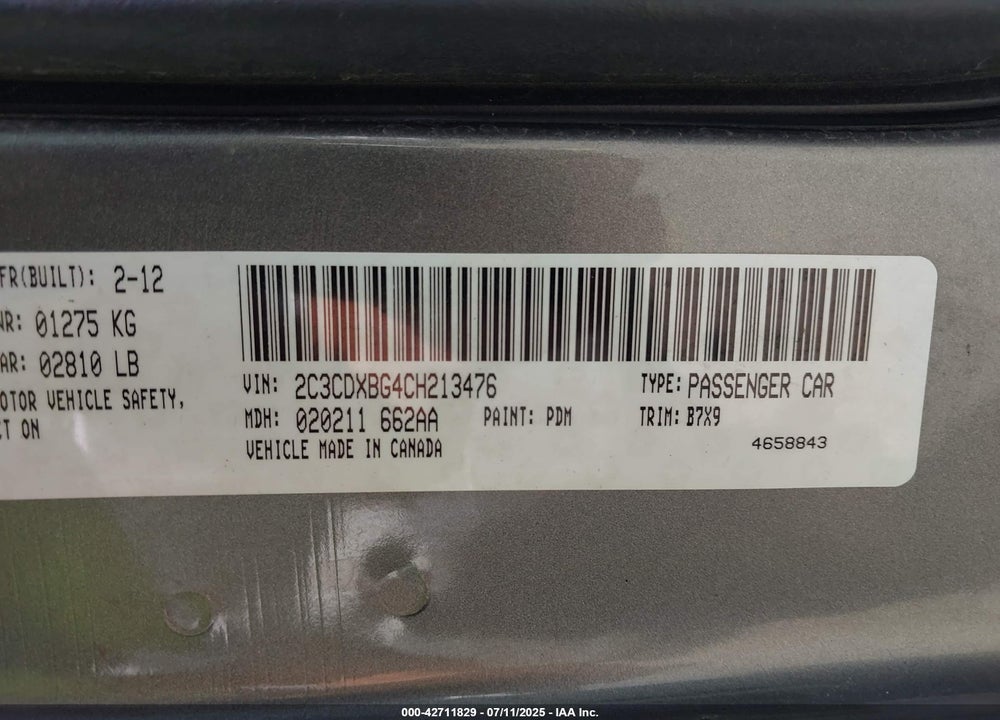 2012 DODGE CHARGER SE VIN: 2C3CDXBG4CH213476