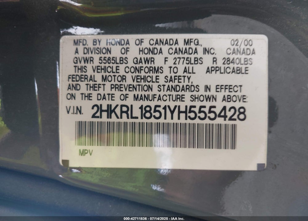 2000 HONDA ODYSSEY LX VIN: 2HKRL1851YH555428
