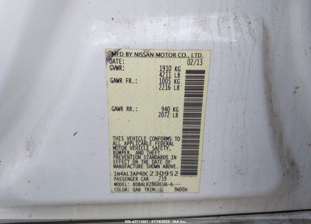 2013 NISSAN ALTIMA VIN: 1N4AL3AP4DC230952