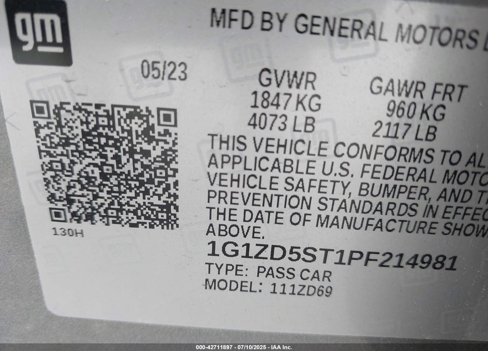 2023 CHEVROLET MALIBU FWD 1LT VIN: 1G1ZD5ST1PF214981