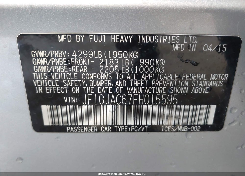 2015 SUBARU IMPREZA 2.0I PREMIUM VIN: JF1GJAC67FH015595