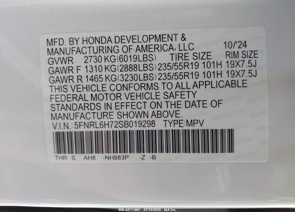 2025 HONDA ODYSSEY SPORT-L VIN: 5FNRL6H72SB019298