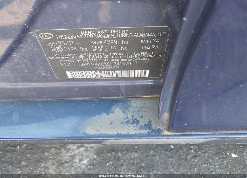 2012 HYUNDAI SONATA VIN: 5NPEB4AC5CH341529