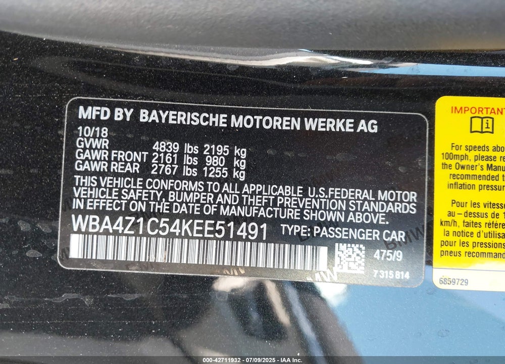 2019 BMW 430I VIN: WBA4Z1C54KEE51491