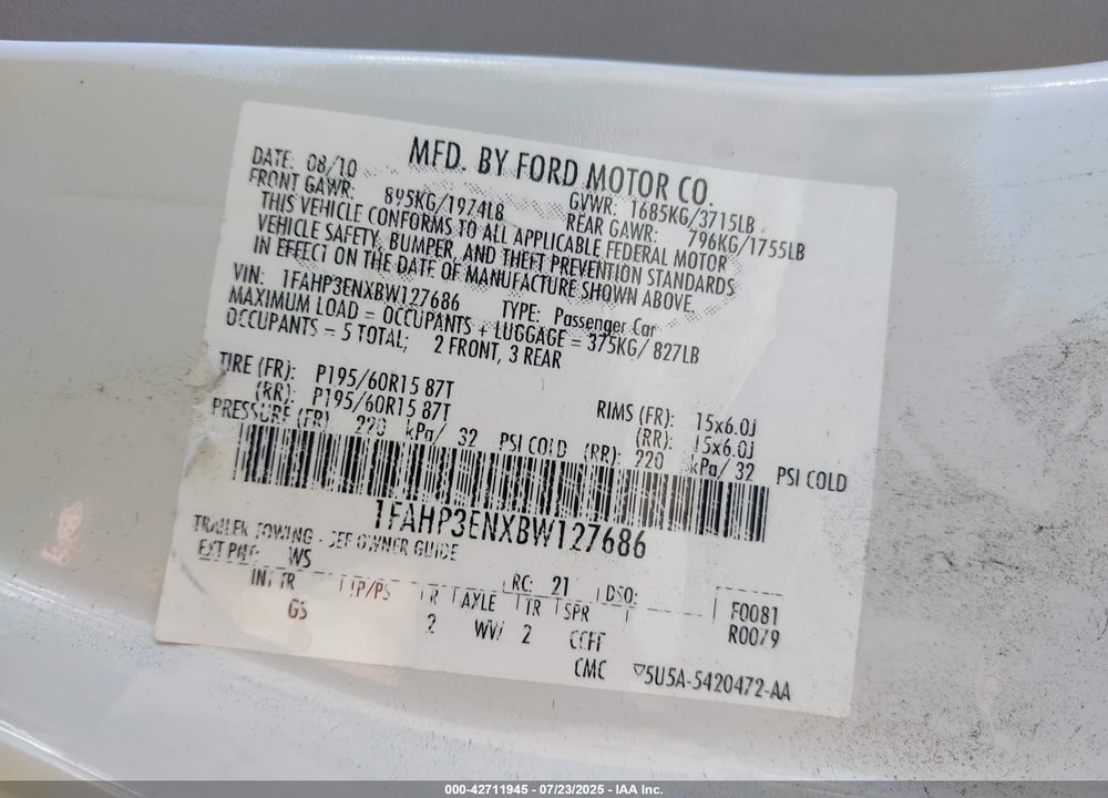 2011 FORD FOCUS VIN: 1FAHP3ENXBW127686