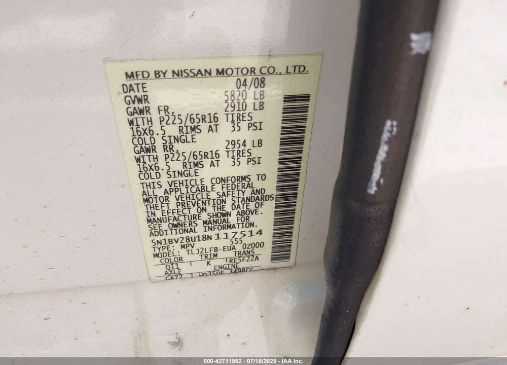 2008 NISSAN QUEST 3.5 VIN: 5N1BV28U18N117514