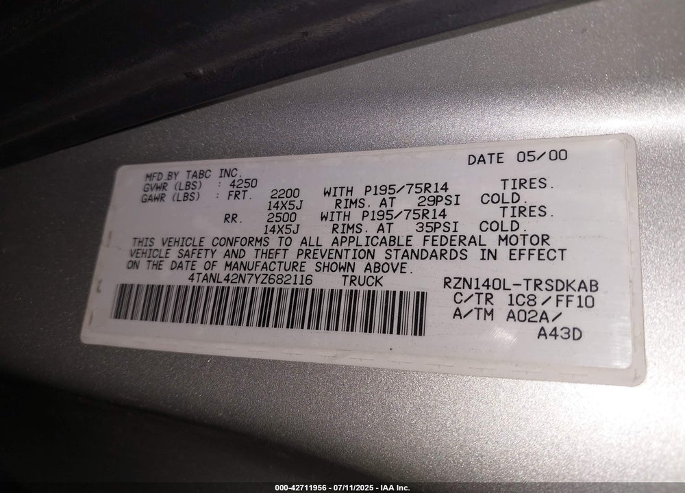 2000 TOYOTA TACOMA VIN: 4TANL42N7YZ682116