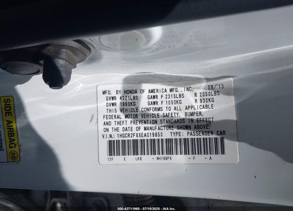 2014 HONDA ACCORD EX-L VIN: 1HGCR2F8XEA019850