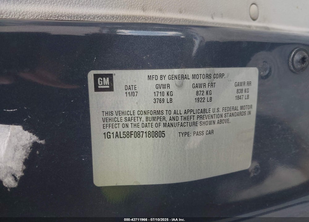 2008 CHEVROLET COBALT VIN: 1G1AL58F087180805