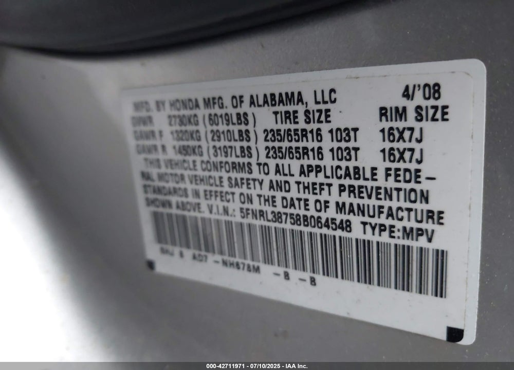 2008 HONDA ODYSSEY EX-L VIN: 5FNRL38758B064548