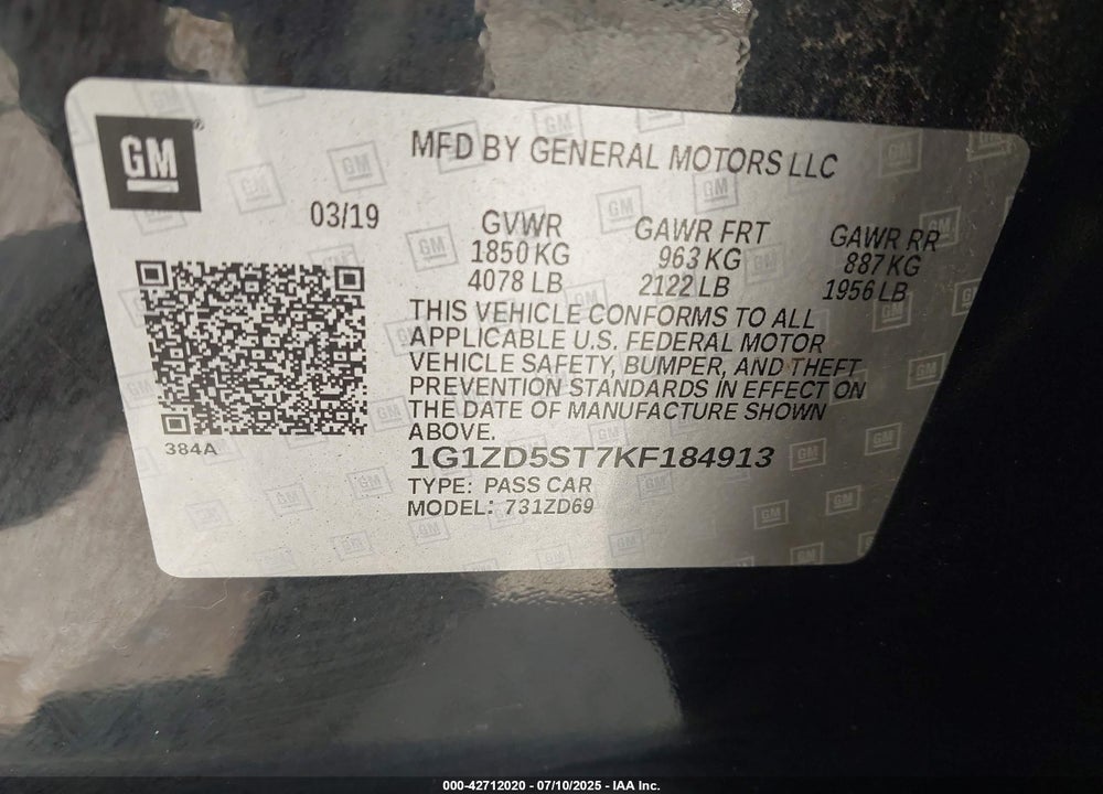 2019 CHEVROLET MALIBU VIN: 1G1ZD5ST7KF184913