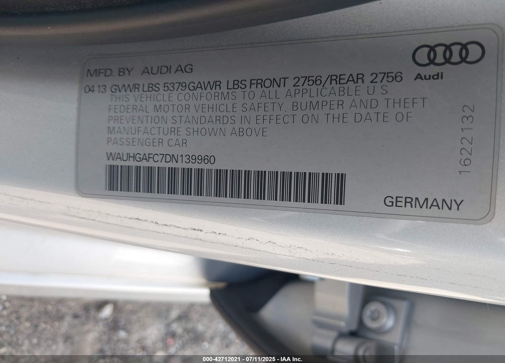 2013 AUDI A6 VIN: WAUHGAFC7DN139960