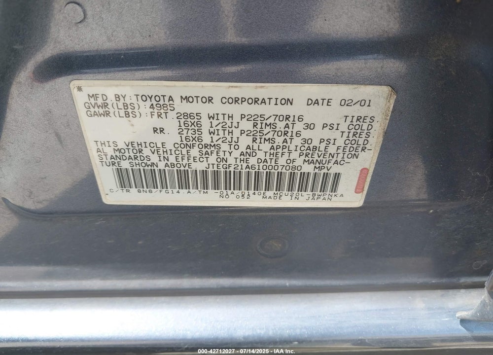 2001 TOYOTA HIGHLANDER V6 VIN: JTEGF21A610007080