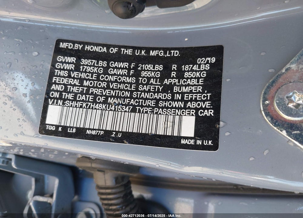 2019 HONDA CIVIC VIN: SHHFK7H48KU415347