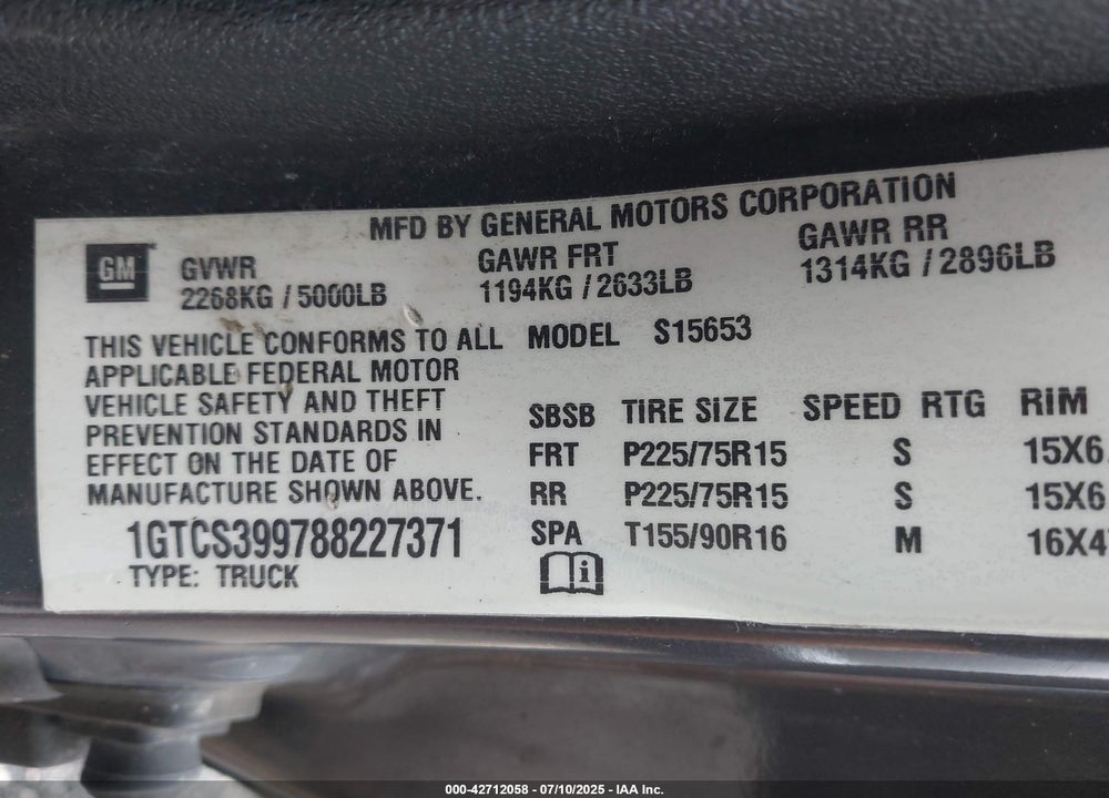 2008 GMC CANYON SLE1 VIN: 1GTCS399788227371