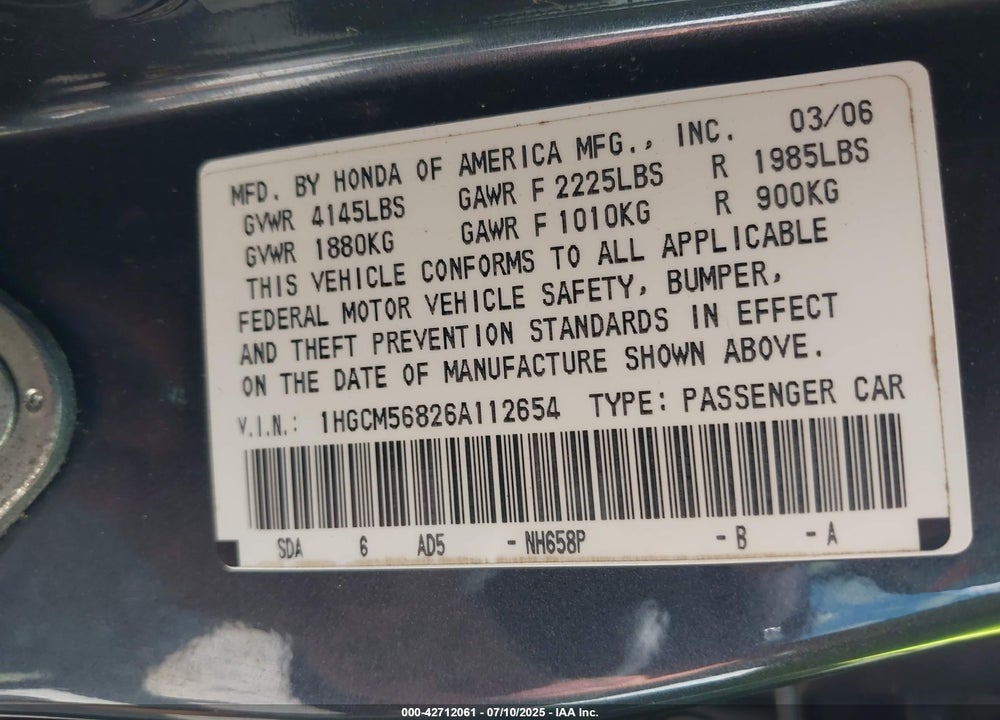 2006 HONDA ACCORD 2.4 EX VIN: 1HGCM56826A112654
