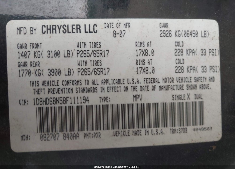 2008 DODGE DURANGO ADVENTURER VIN: 1D8HD68N58F111194
