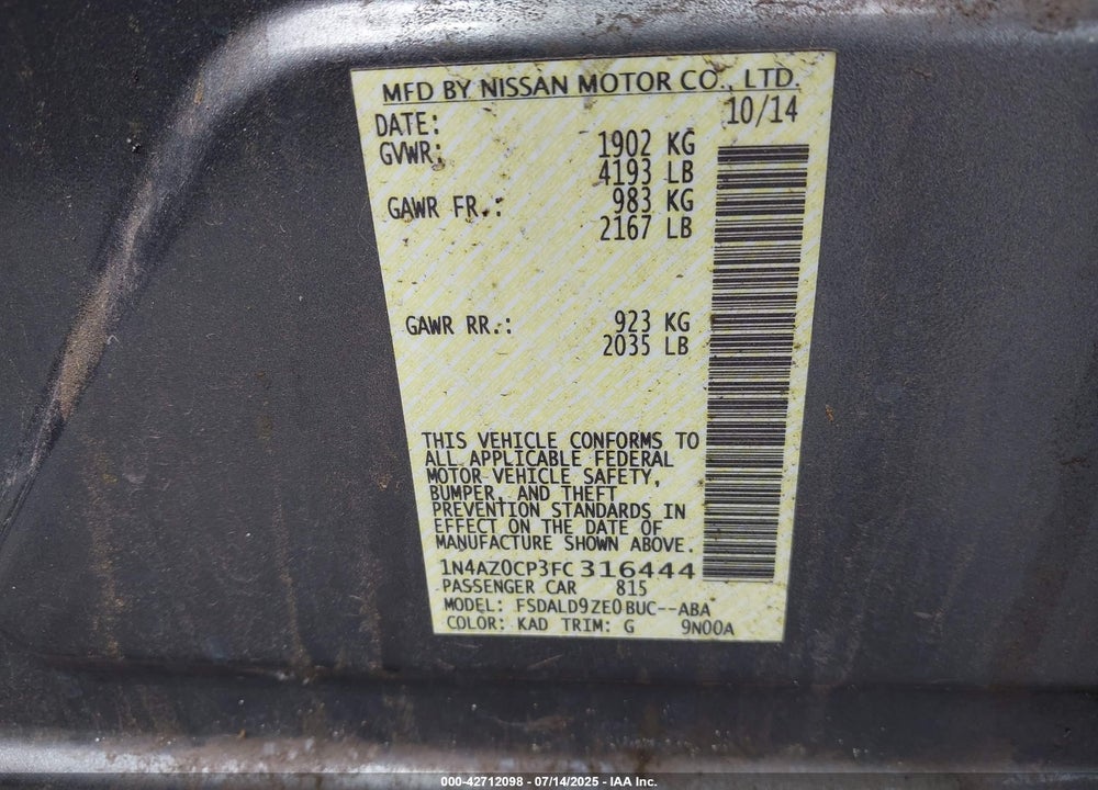 2015 NISSAN LEAF VIN: 1N4AZ0CP3FC316444
