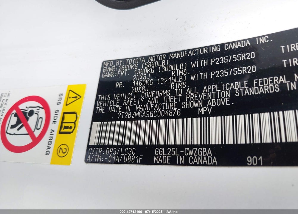2016 LEXUS RX350 VIN: 2T2BZMCA9GC004876
