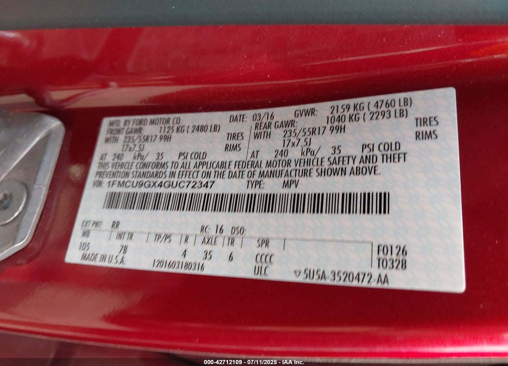 2016 FORD ESCAPE SE VIN: 1FMCU9GX4GUC72347