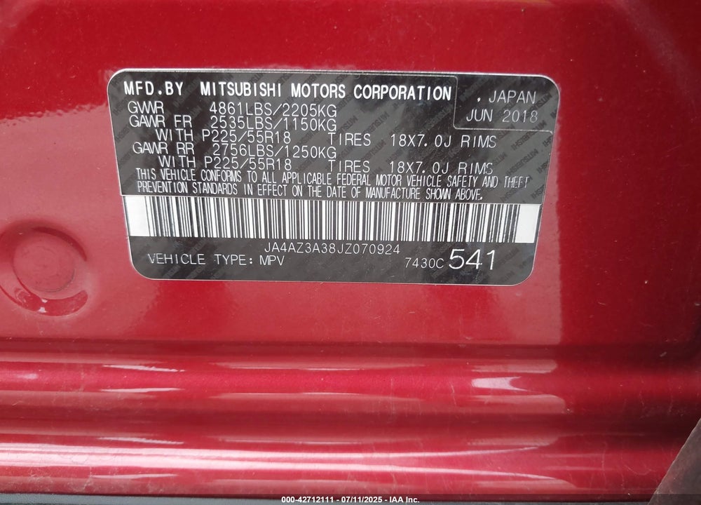 2018 MITSUBISHI OUTLANDER VIN: JA4AZ3A38JZ070924