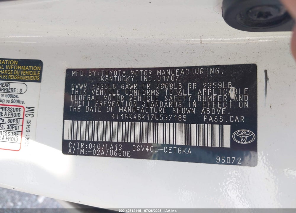 2007 TOYOTA CAMRY XLE V6 VIN: 4T1BK46K17U537185