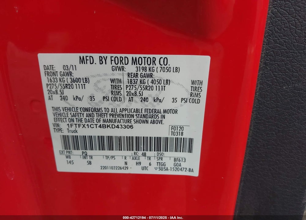 2011 FORD F-150 VIN: 1FTFX1CT4BKD43306