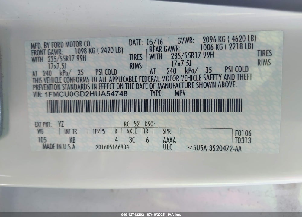 2017 FORD ESCAPE VIN: 1FMCU0GD2HUA54748