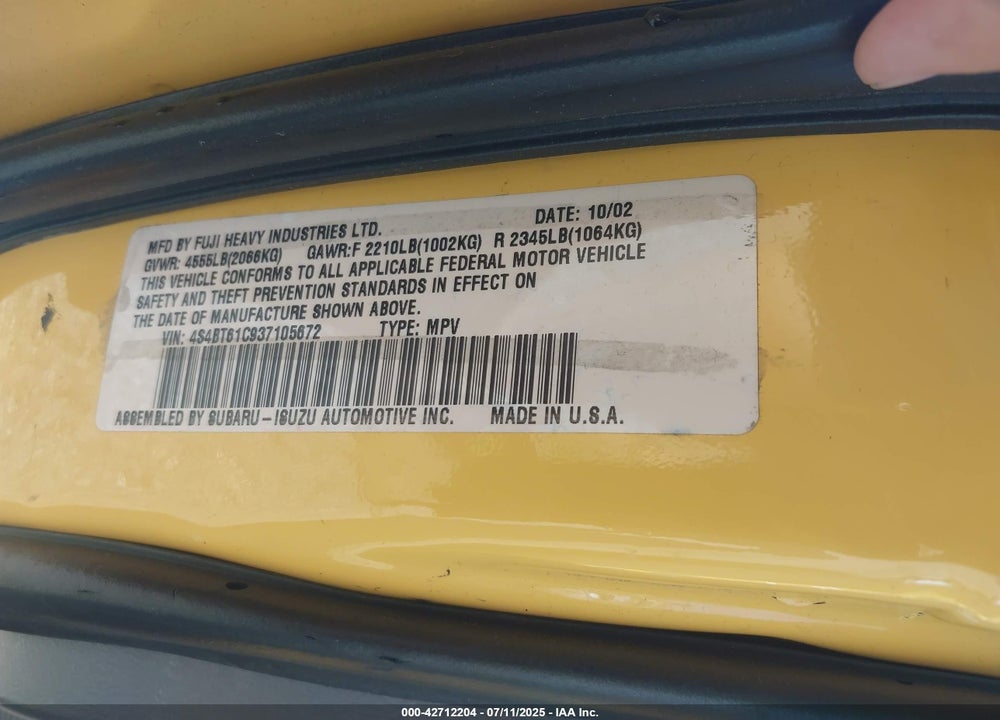 2003 SUBARU BAJA VIN: 4S4BT61C937105672