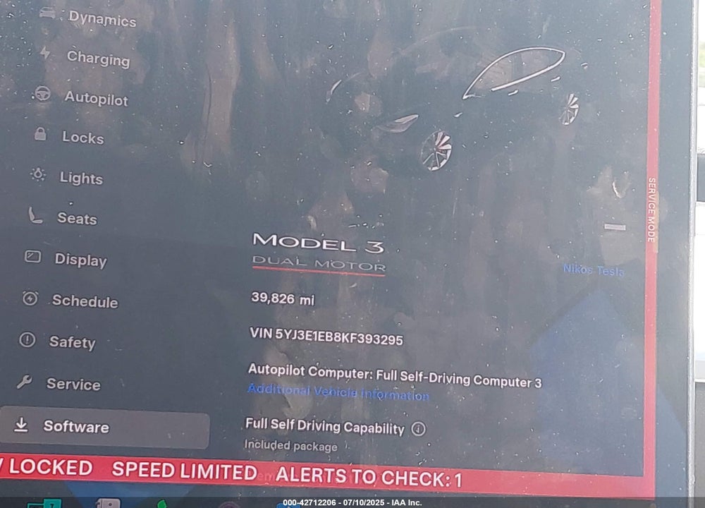 2019 TESLA MODEL 3 LONG RANGE/PERFORMANCE VIN: 5YJ3E1EB8KF393295