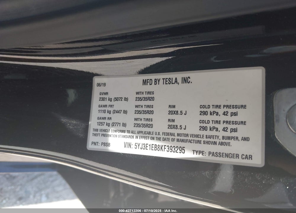 2019 TESLA MODEL 3 LONG RANGE/PERFORMANCE VIN: 5YJ3E1EB8KF393295