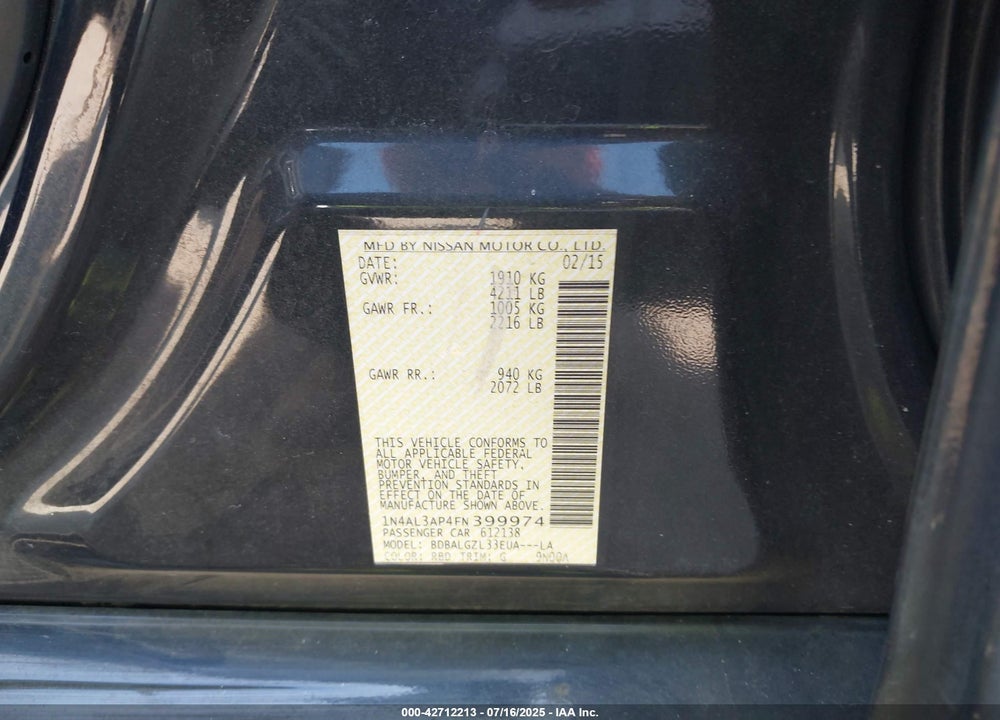 2015 NISSAN ALTIMA VIN: 1N4AL3AP4FN399974