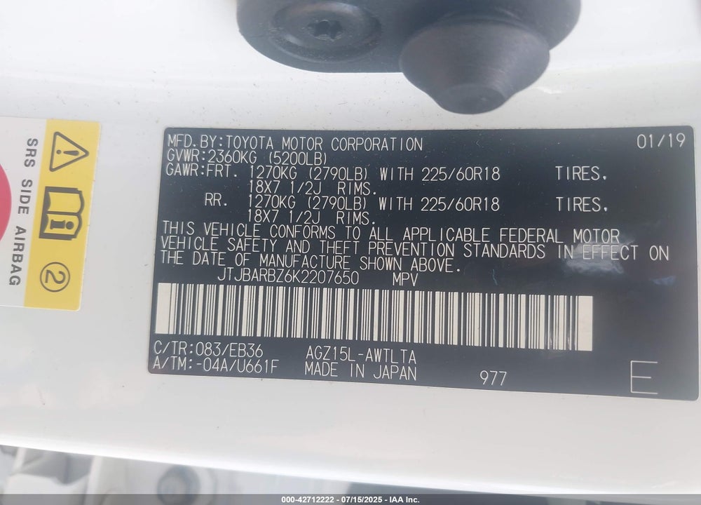 2019 LEXUS NX300 VIN: JTJBARBZ6K2207650