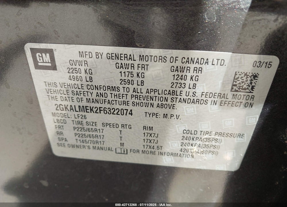 2015 GMC TERRAIN VIN: 2GKALMEK2F6322074