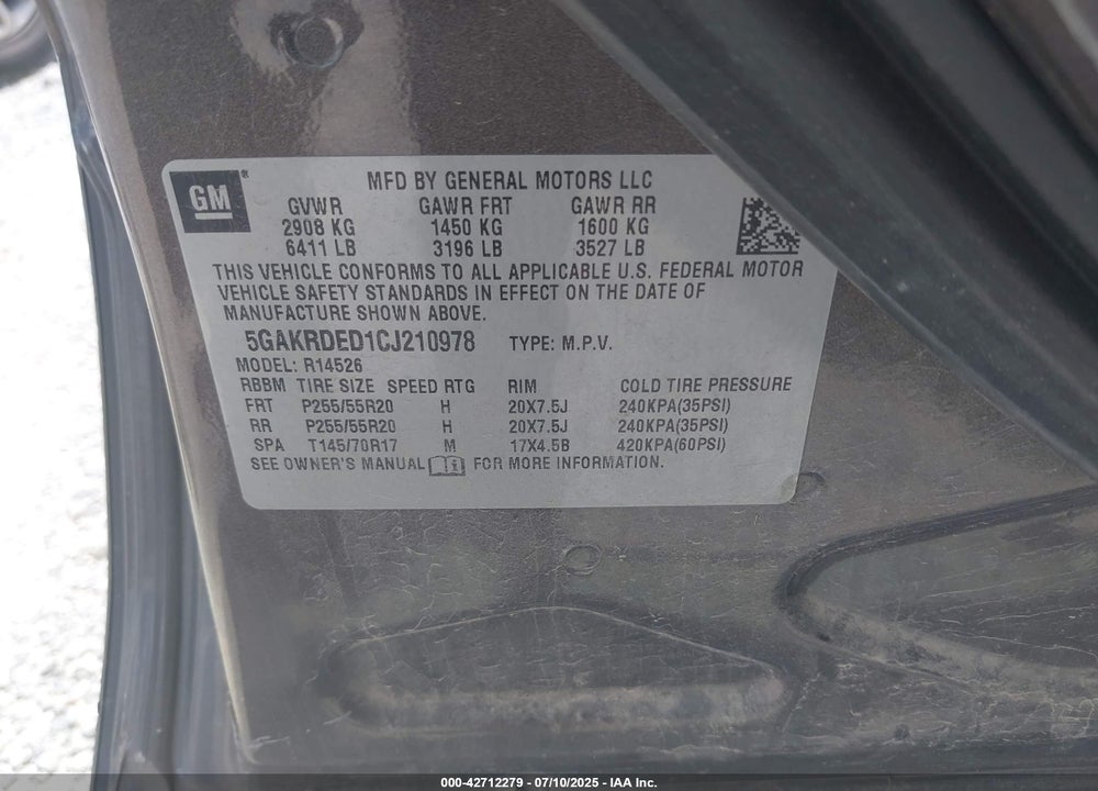 2012 BUICK ENCLAVE VIN: 5GAKRDED1CJ210978