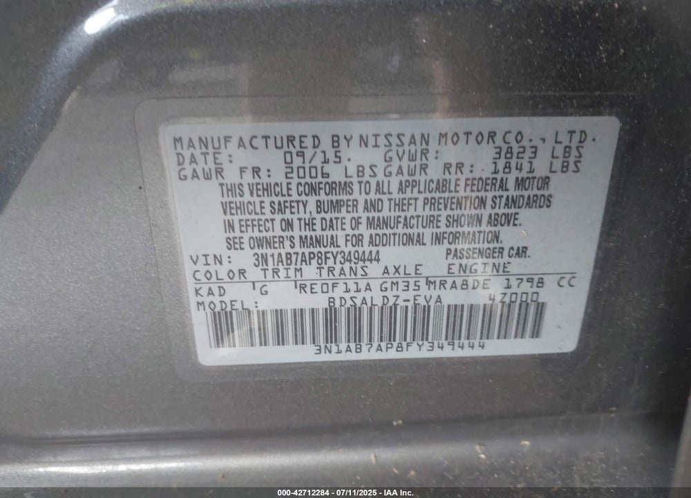 2015 NISSAN SENTRA VIN: 3N1AB7AP8FY349444