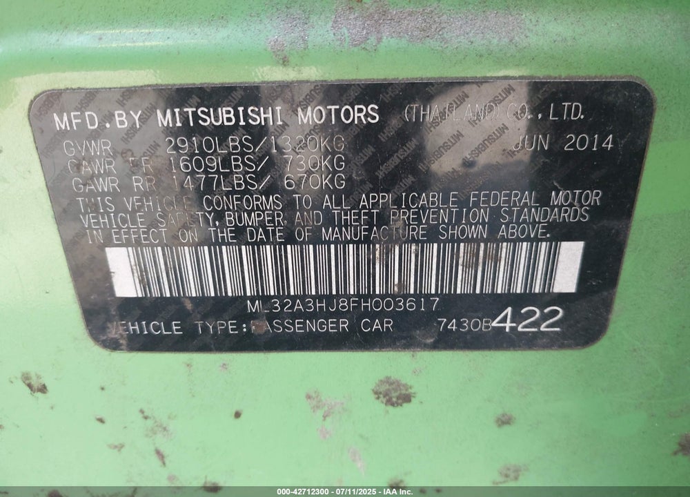 2015 MITSUBISHI MIRAGE VIN: ML32A3HJ8FH003617