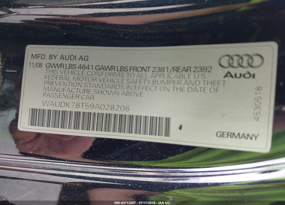 2009 AUDI A5 3.2L VIN: WAUDK78T59A028206