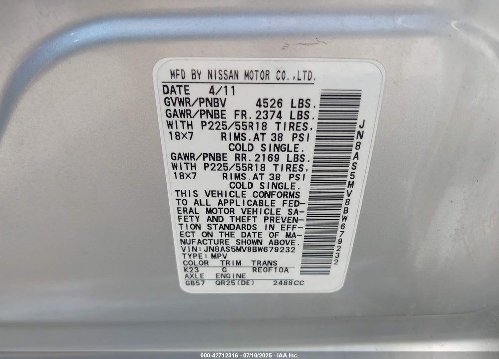 2011 NISSAN ROGUE VIN: JN8AS5MV8BW679232
