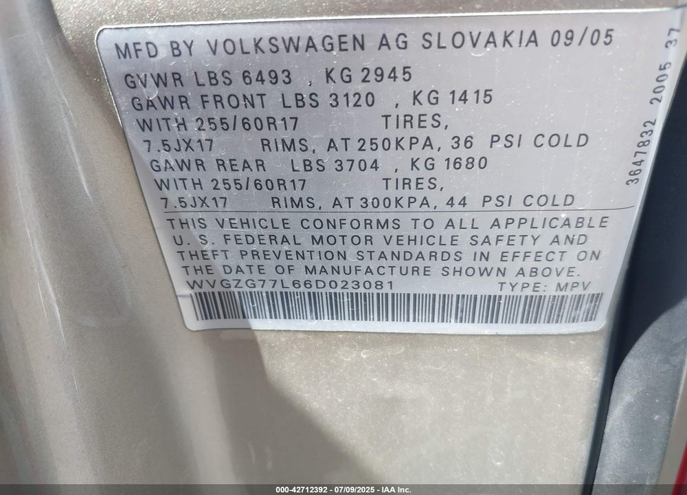 2006 VOLKSWAGEN TOUAREG VIN: WVGZG77L66D023081