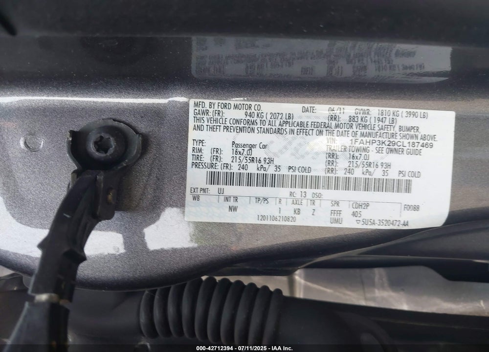 2012 FORD FOCUS VIN: 1FAHP3K29CL187469