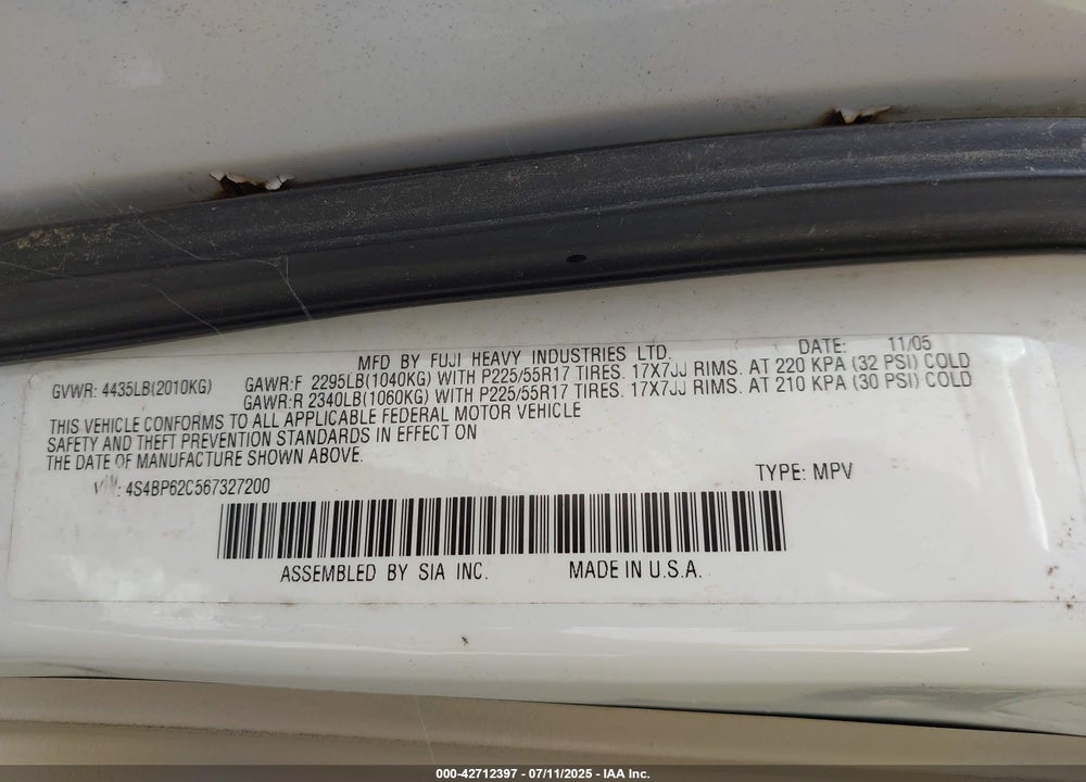 2006 SUBARU OUTBACK 2.5I LIMITED VIN: 4S4BP62C567327200