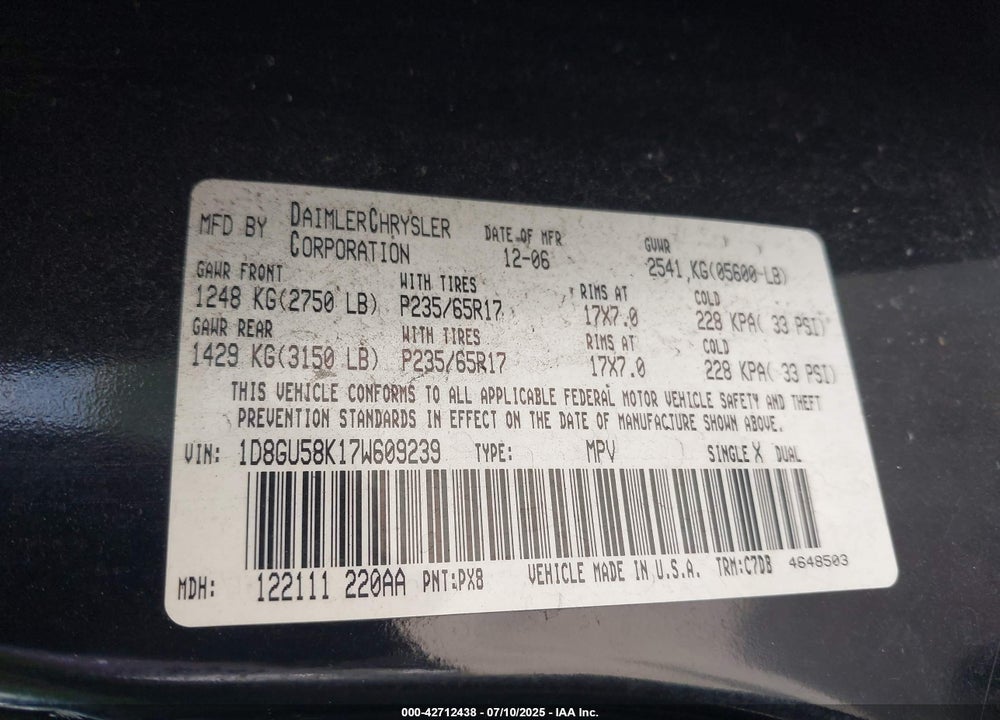2007 DODGE NITRO VIN: 1D8GU58K17W609239