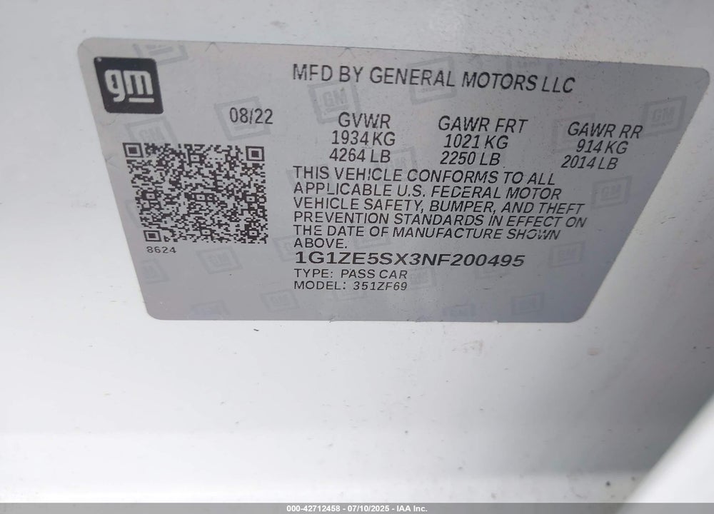 2022 CHEVROLET MALIBU VIN: 1G1ZE5SX3NF200495