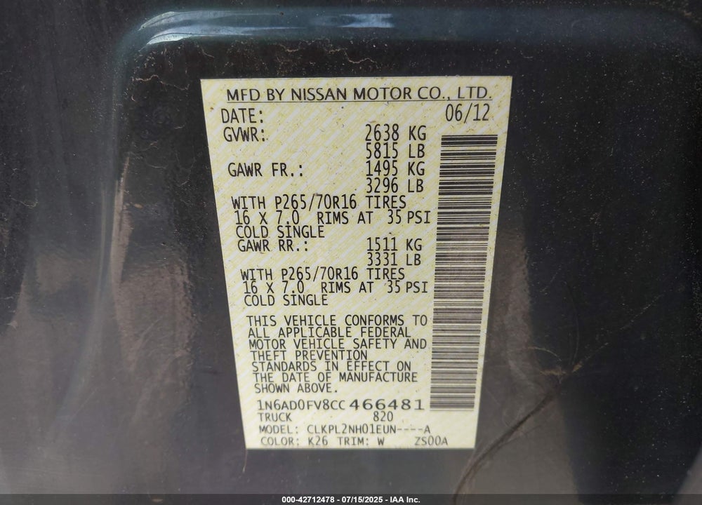 2012 NISSAN FRONTIER VIN: 1N6AD0FV8CC466481